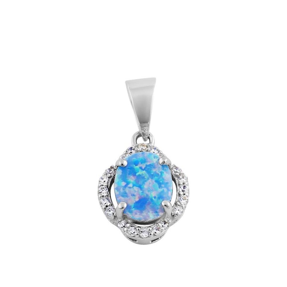 Sterling Silver Elegant Blue Lavender Lab Opal Oval Halo CZ Necklace Pendant New - Picture 2 of 4